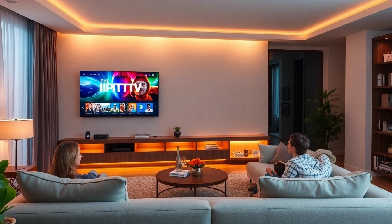 Watch exciting IPTV Suisse content in a cozy living room setting with ambient lighting.