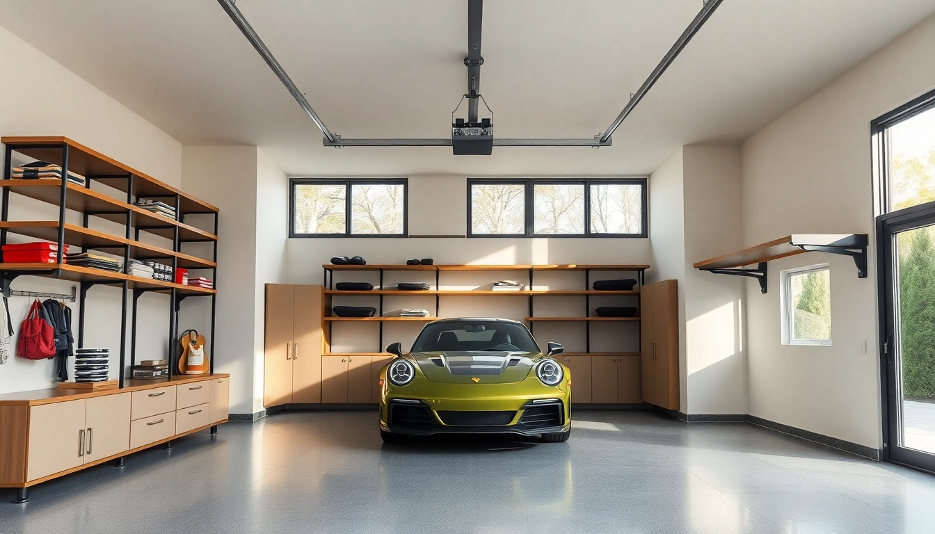 Explore custom garages featuring expansive windows and organized shelving for an elegant garage space.