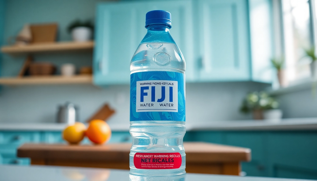 Highlight the FDA recalls Fiji water with a close-up of a recalled water bottle featuring a warning label.