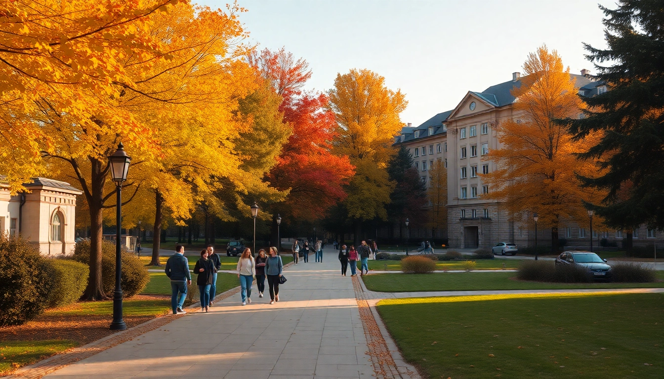 Showcase Polonya'da Üniversite Eğitimi with students walking in a vibrant Polish campus during autumn.