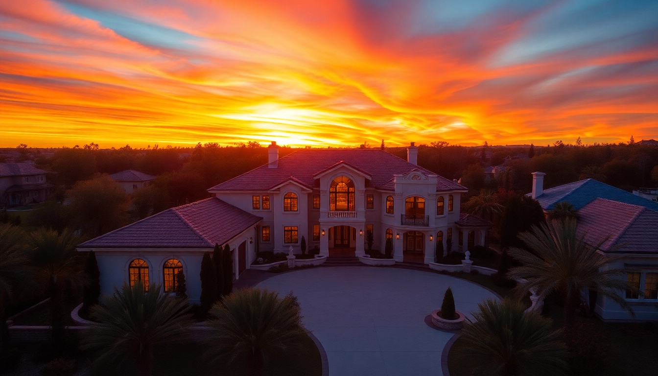 Showcasing the best drone for real estate photography capturing a luxury home in colorful sunset hues.