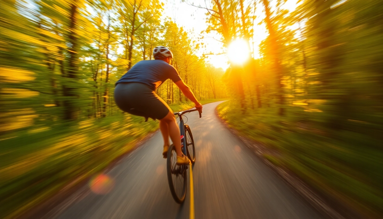 Cycling through a lush green forest at golden hour, showcasing vibrant light and movement.