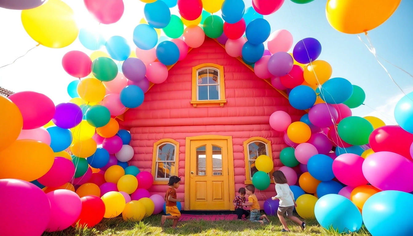 Children jumping joyfully in a vibrant Bouncing House at a sunny outdoor party.