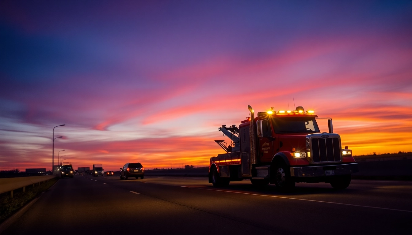 Provide affordable truck roadside assistance with a tow truck helping a stranded vehicle at sunset.