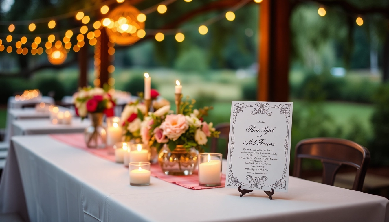 Invite your guests with a stunning floral invitation displayed on a decorated table.