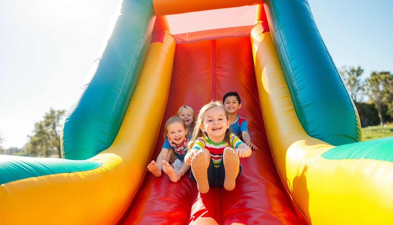 Kids enjoying a fun slide rental experience at an outdoor party, surrounded by vibrant colors and summer sunshine.