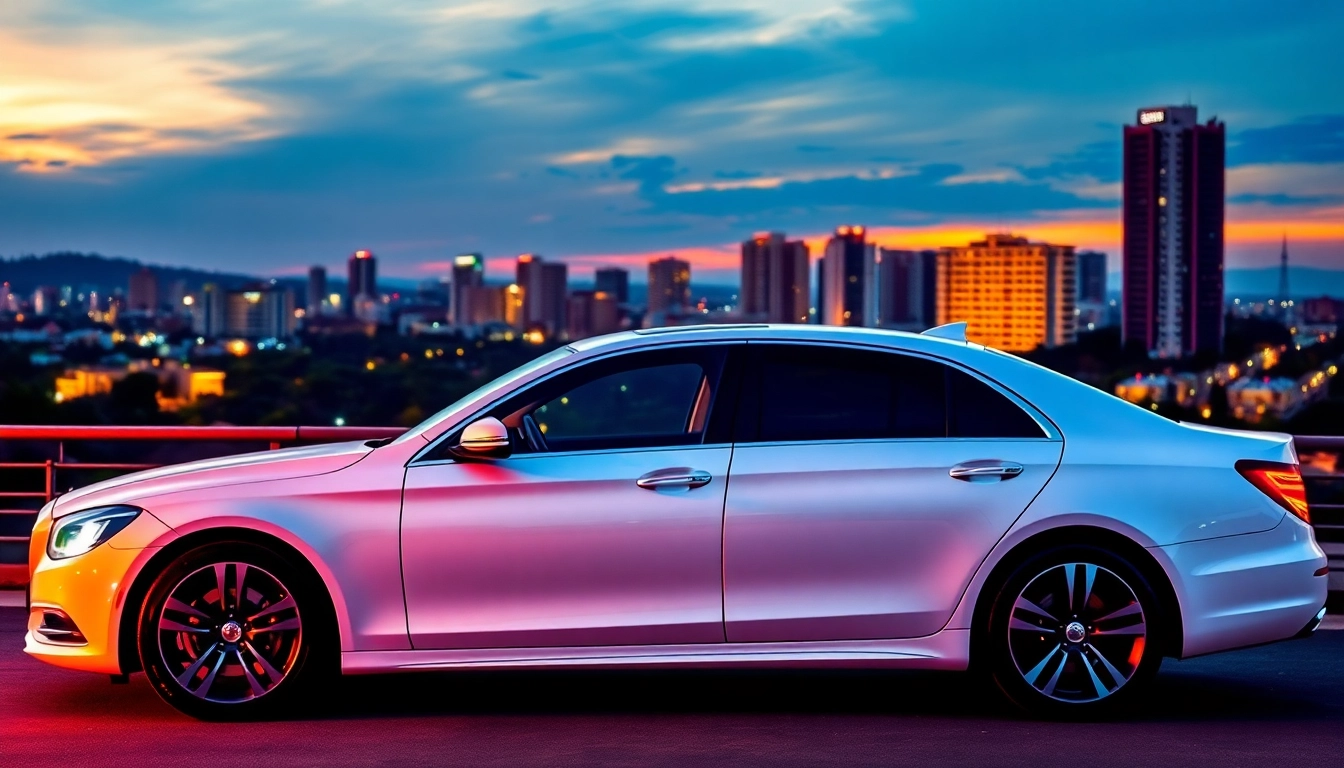 Experience luxury private car service Nairobi with a sleek vehicle against a stunning Nairobi skyline.