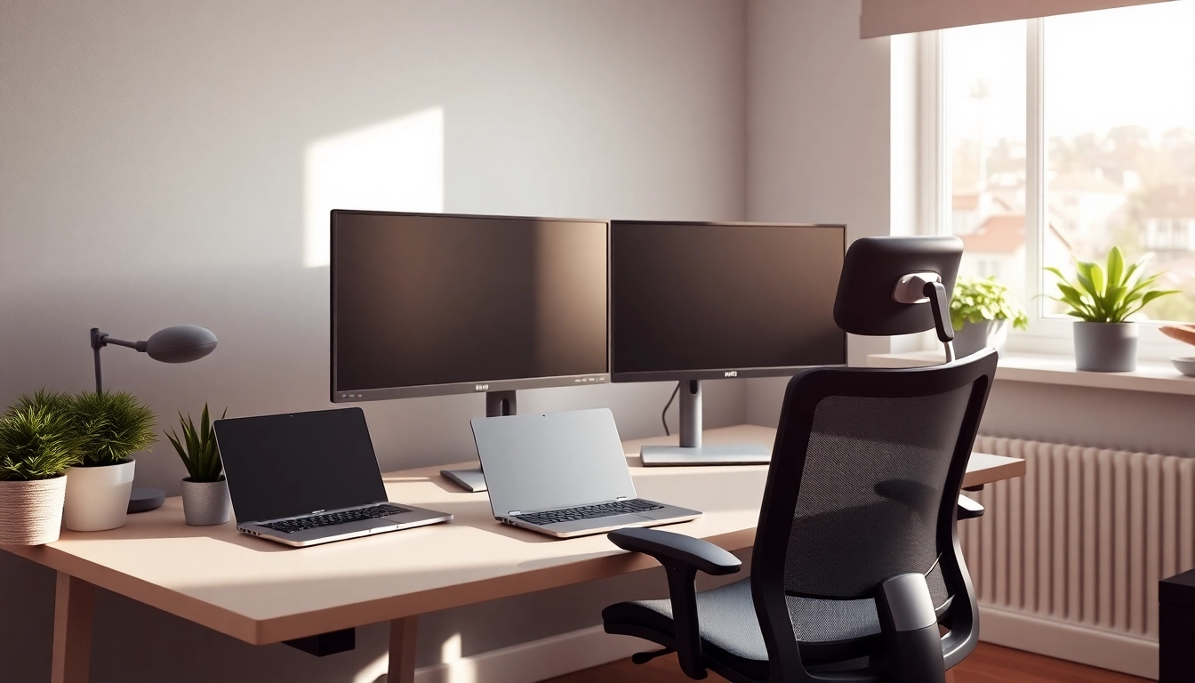 Dual monitor install showcasing a modern office setup with stylish lighting and ergonomic furniture.