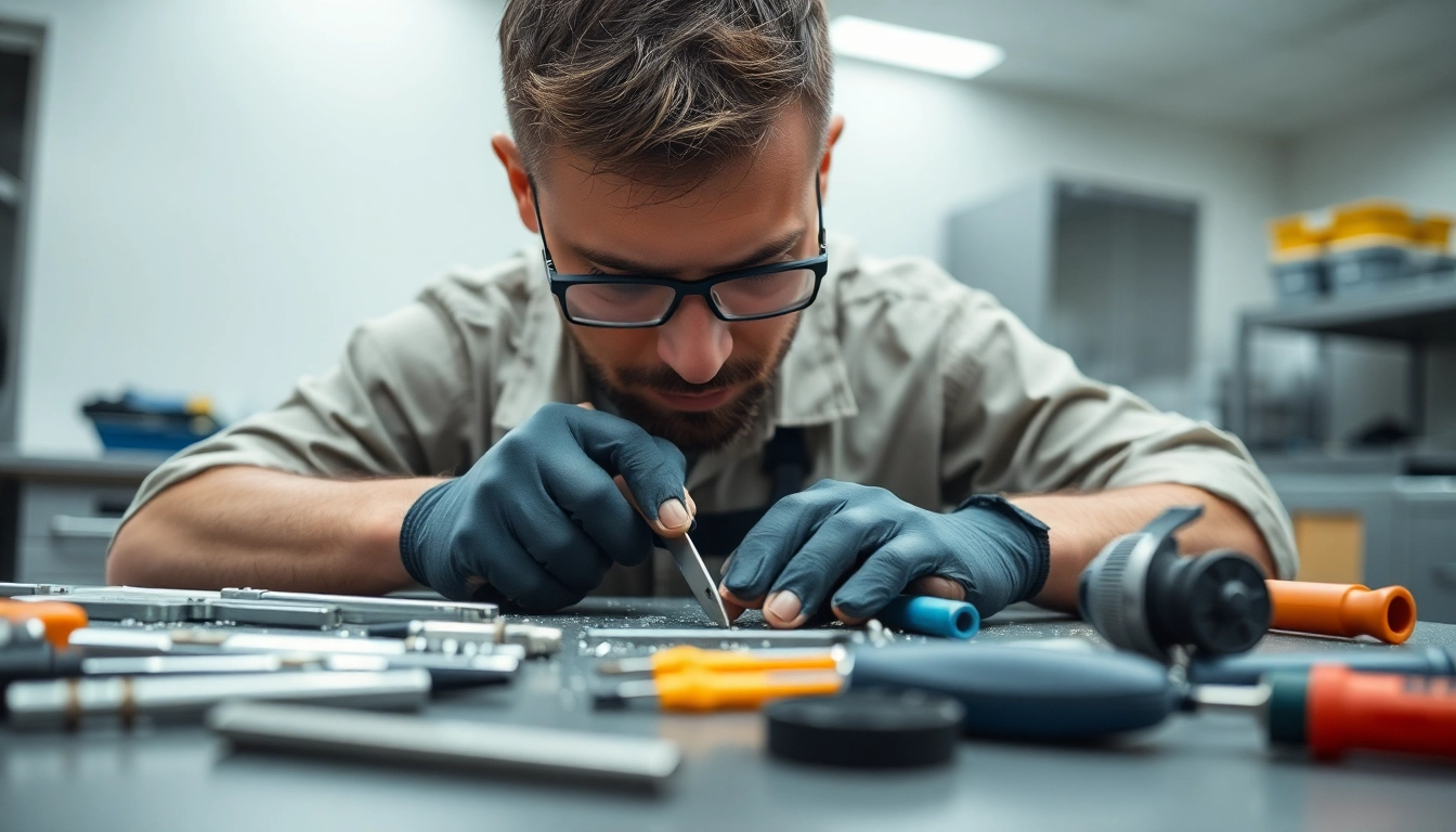 Technician performing prep table repair with professional tools and components.