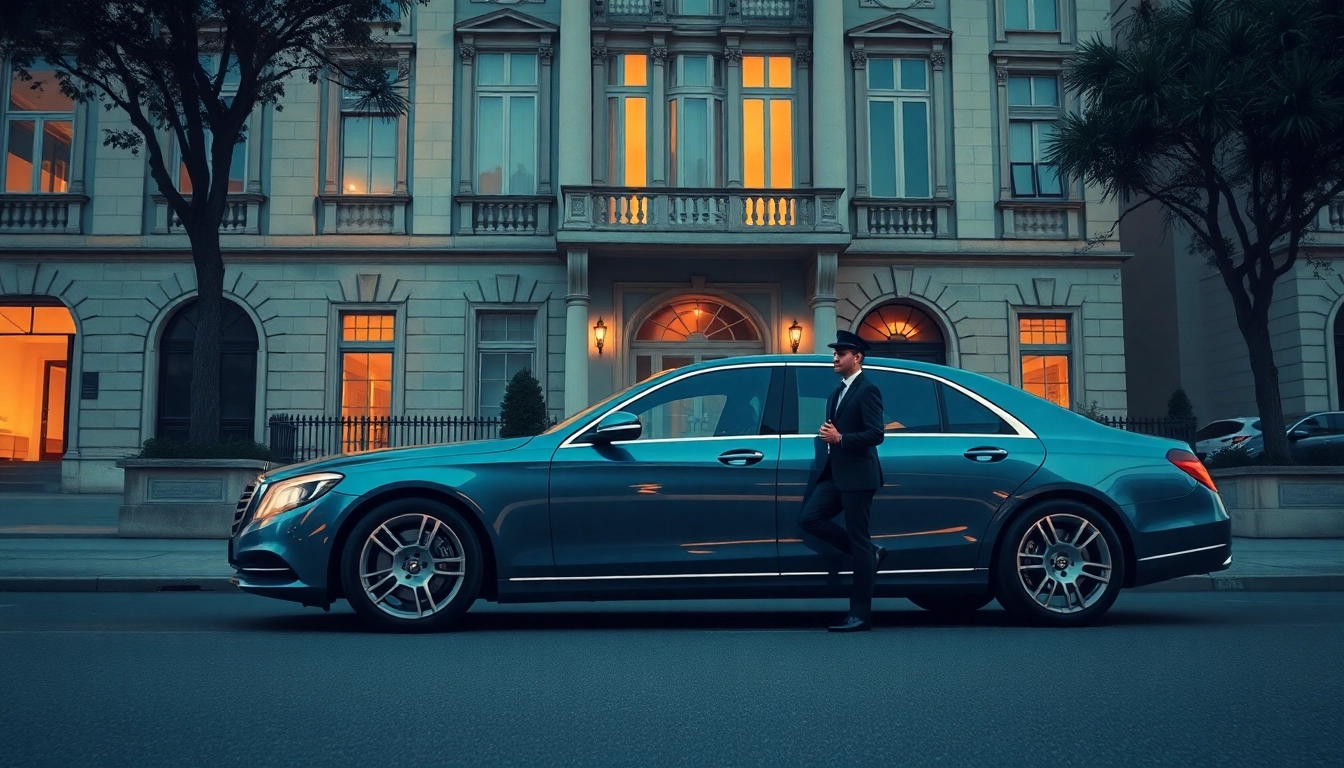 Luxury hire chauffeur Lisbon offering an elegant ride in a stylish sedan near a historic site.