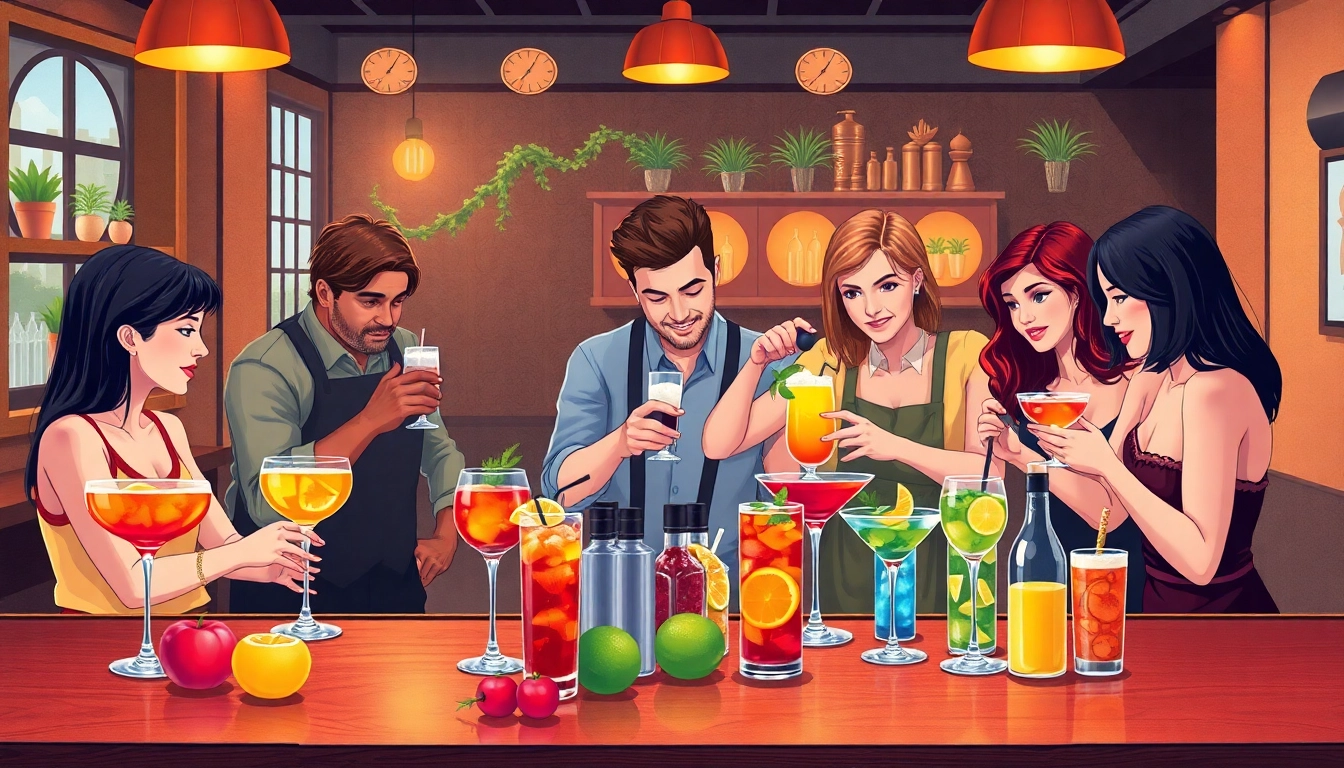 Join a cocktail kurs berlin where participants mix vibrant cocktails in a lively setting.