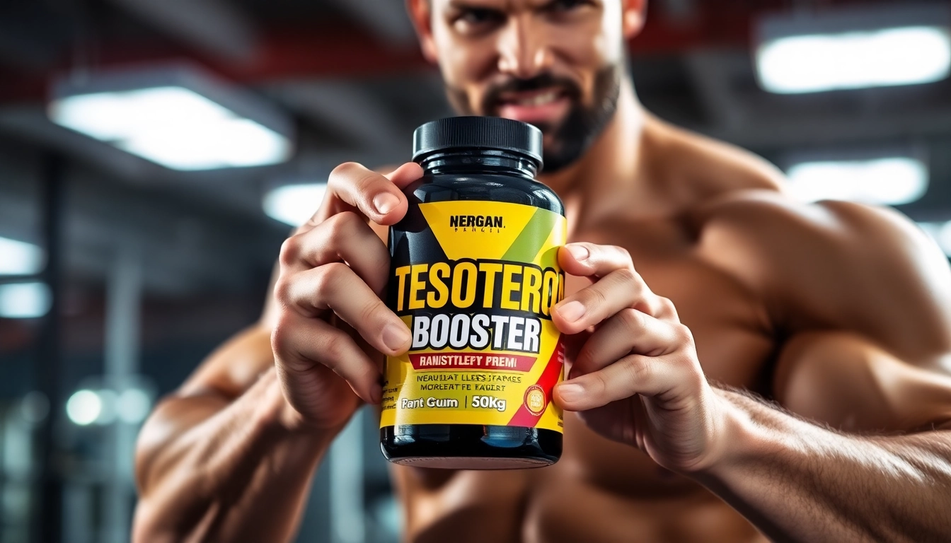 Muscular man showcasing a Testosteron-Booster supplement bottle in a gym.