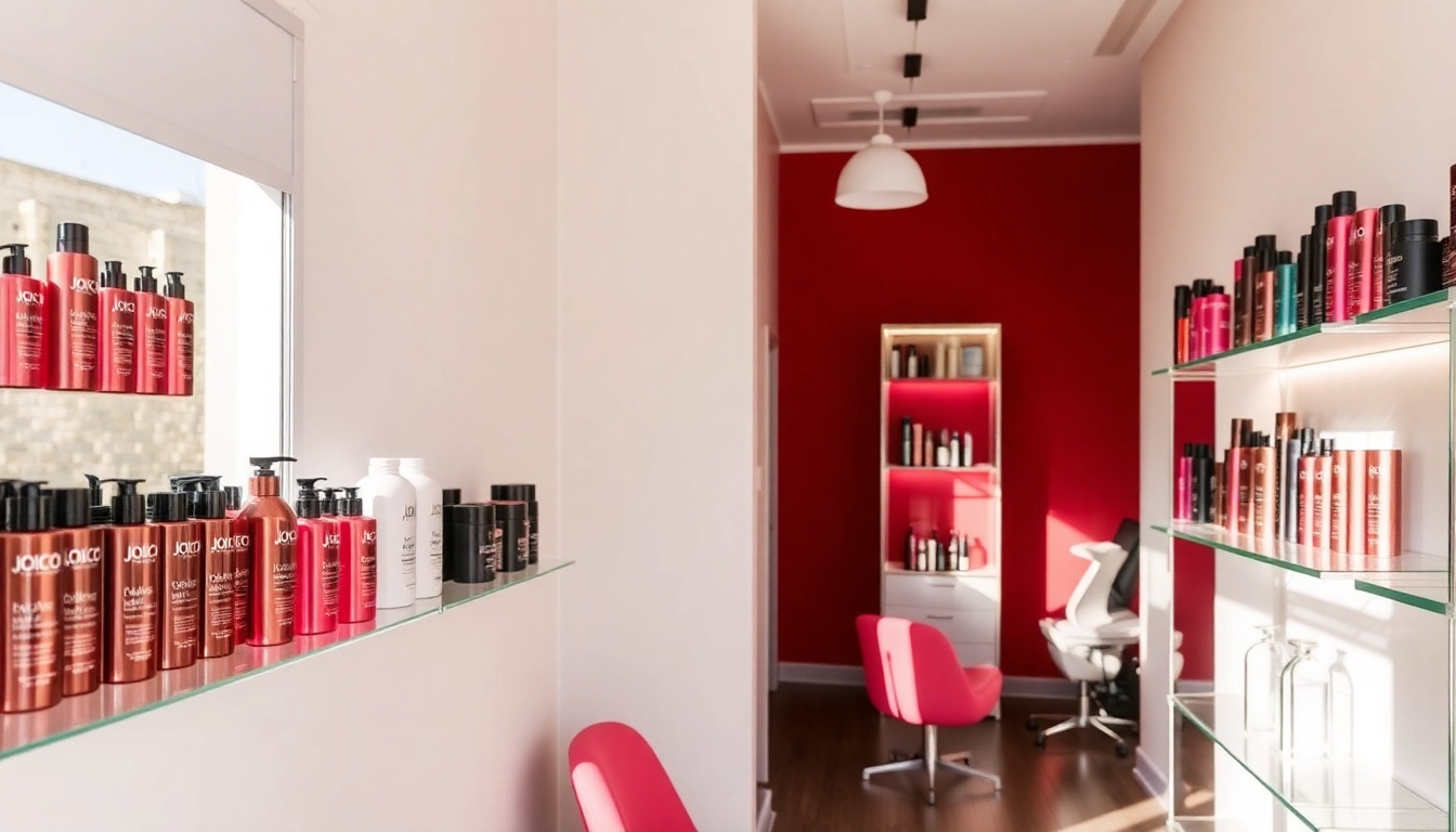 Showcase the Salon Haarpflege von Joico products arranged in a stylish salon setting.