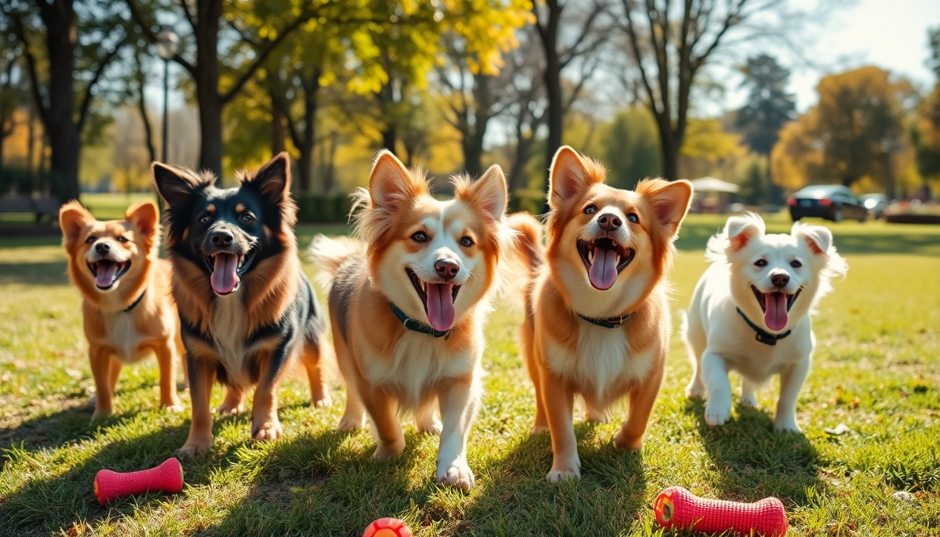 Engaging moment of dogs at Kate's K9 Pet Care, showcasing their joy while playing in a bright park.