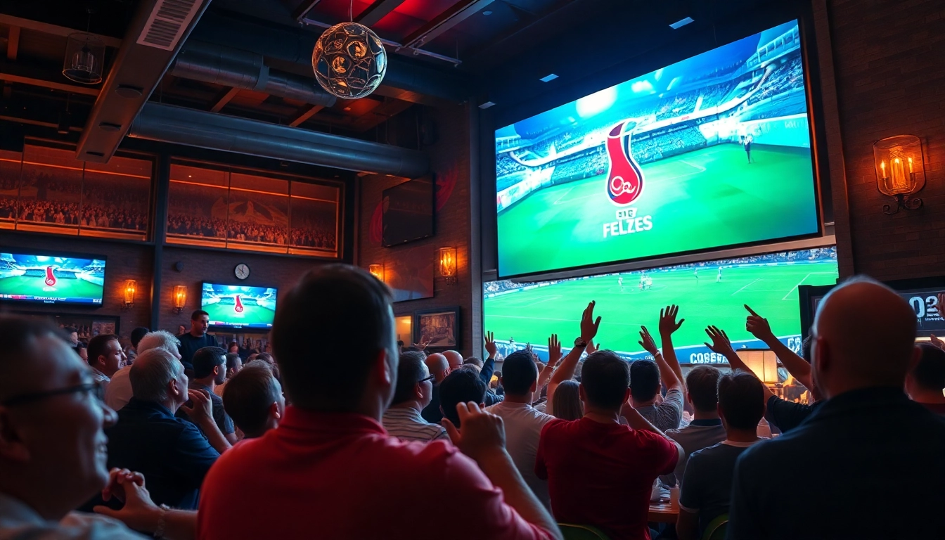 Viewers enjoying EPL중계 alongside lively decor and glowing screens in a sports bar atmosphere.