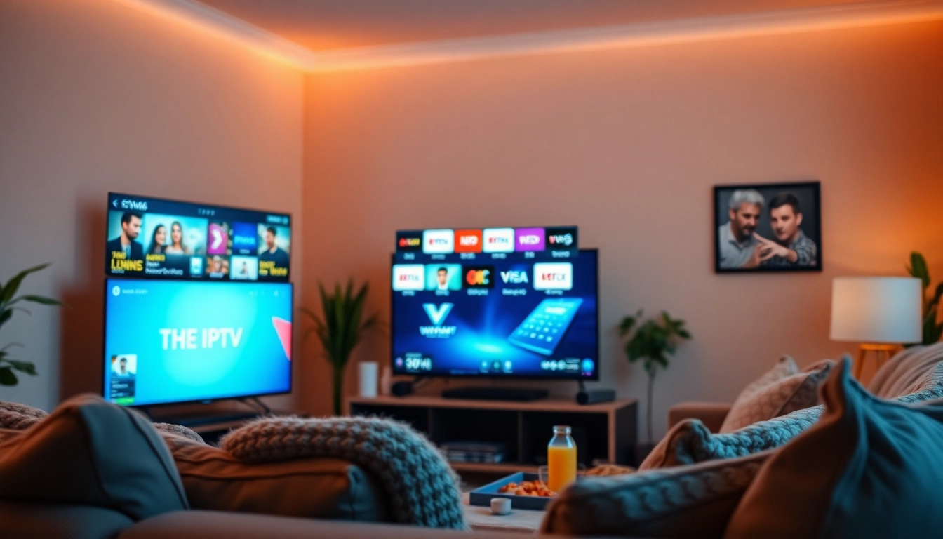 Experience iptv services in a vibrant living room setting with engaging channel displays.