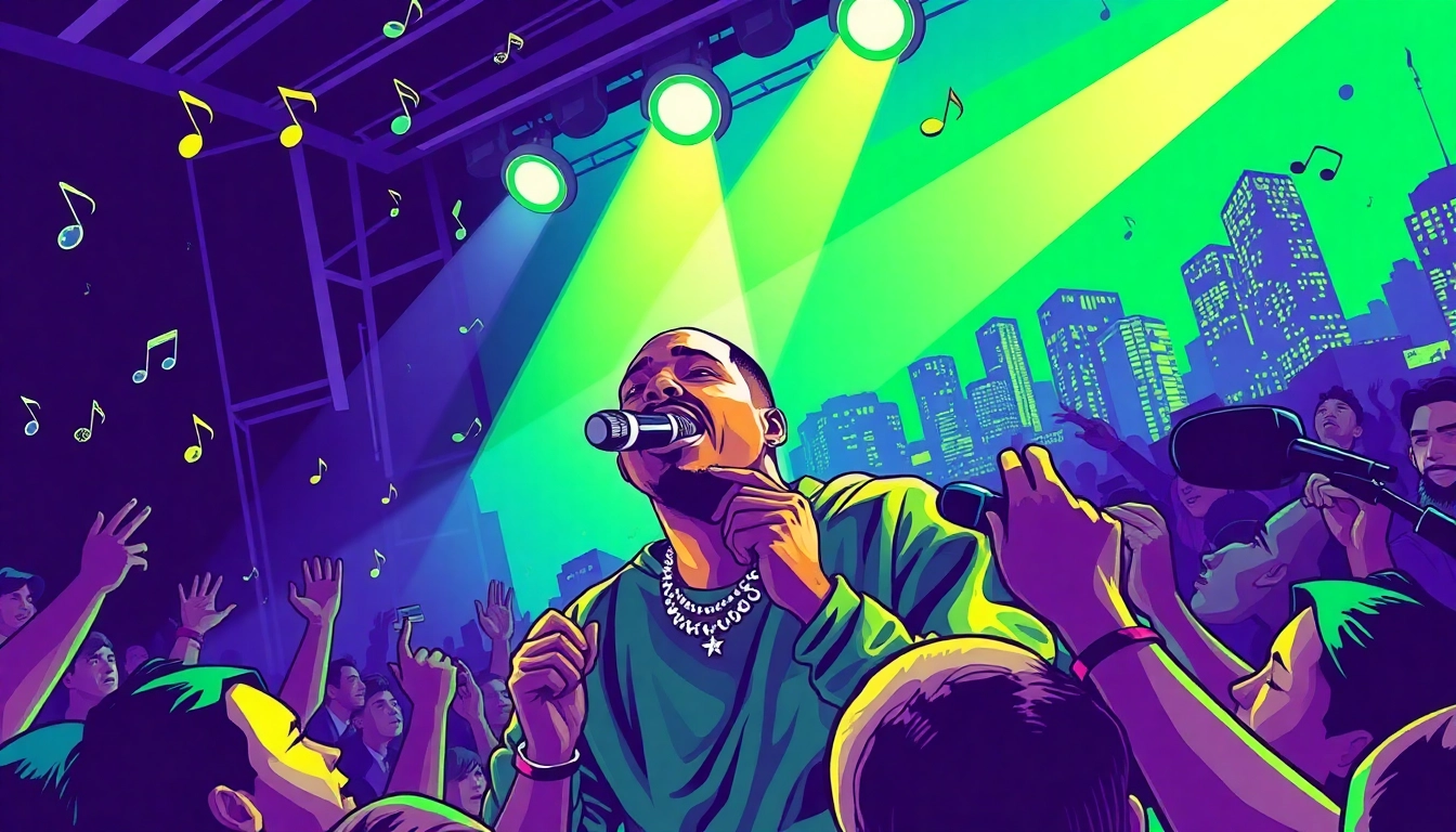 Chicago hip-hop artists performing with vibrant city skyline backdrop during an energetic concert.
