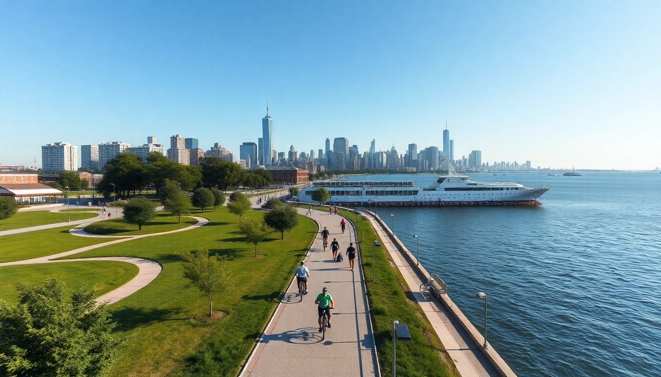 Vibrant waterfront scene of Jersey City NJ with iconic skyline, park pathways and active community members.