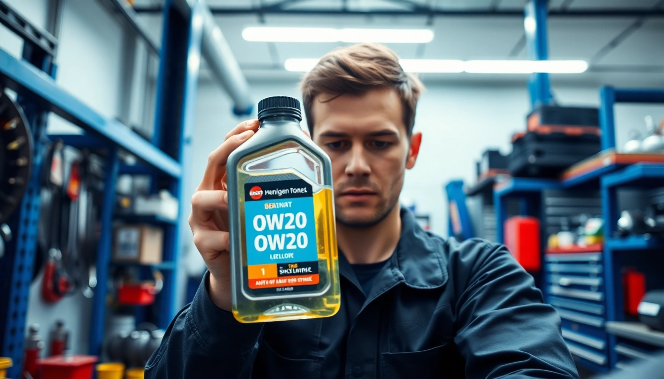 Mechanic analyzing 0w20 oil in a bright automotive workshop environment.