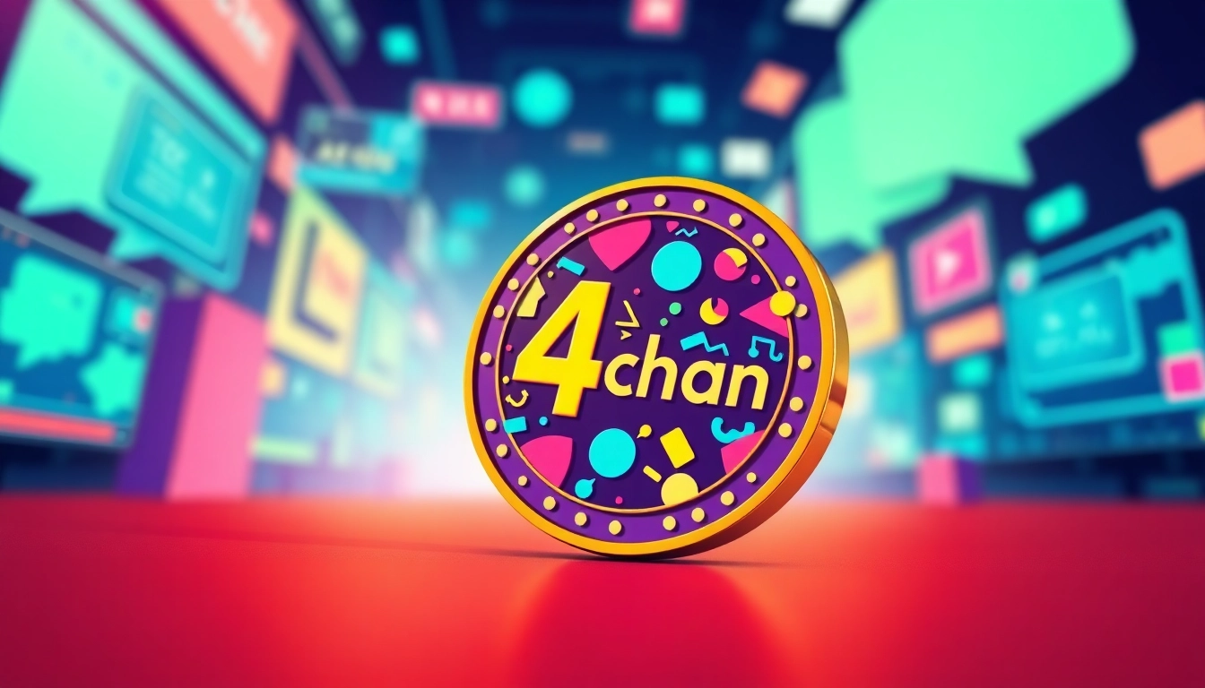 Showcasing a vibrant 4chan meme coin amidst lively internet culture elements.