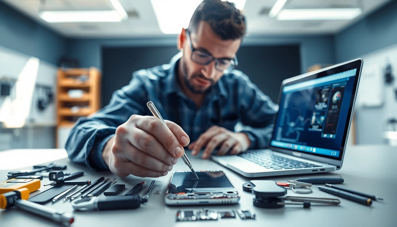 Riparazione iPhone torino: Tecnico esperto nella riparazione di iPhone in un laboratorio tecnologico.