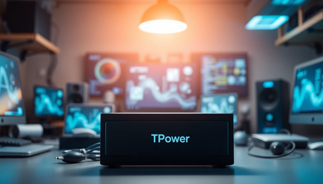 TPower power supply unit showcased in a modern tech workspace with ambient lighting.