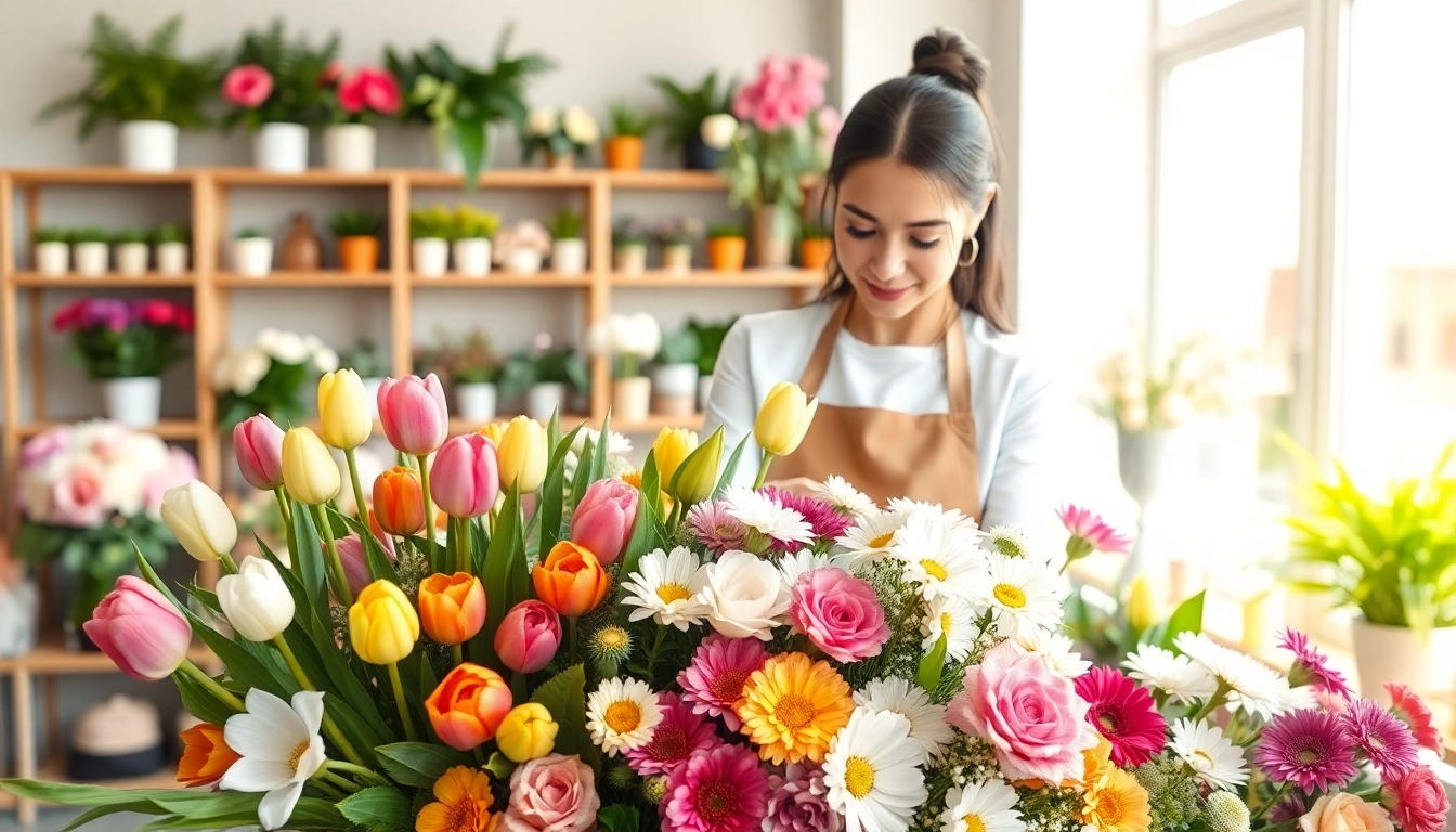 Vibrant bouquet arrangement by an Irvine florist in a bright shop, showcasing fresh flowers.