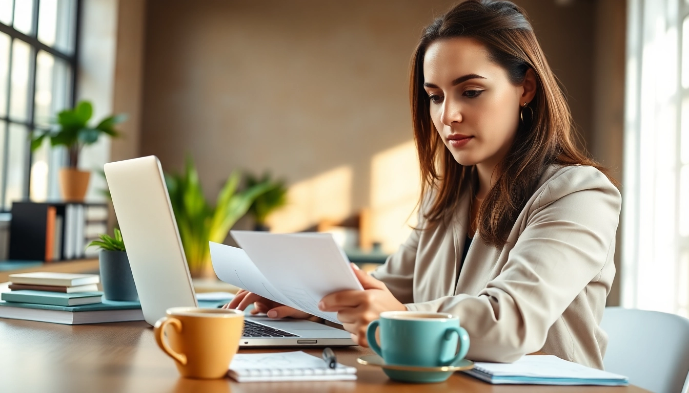Learn how to buy MBA degree with a professional woman reviewing documents in her office.
