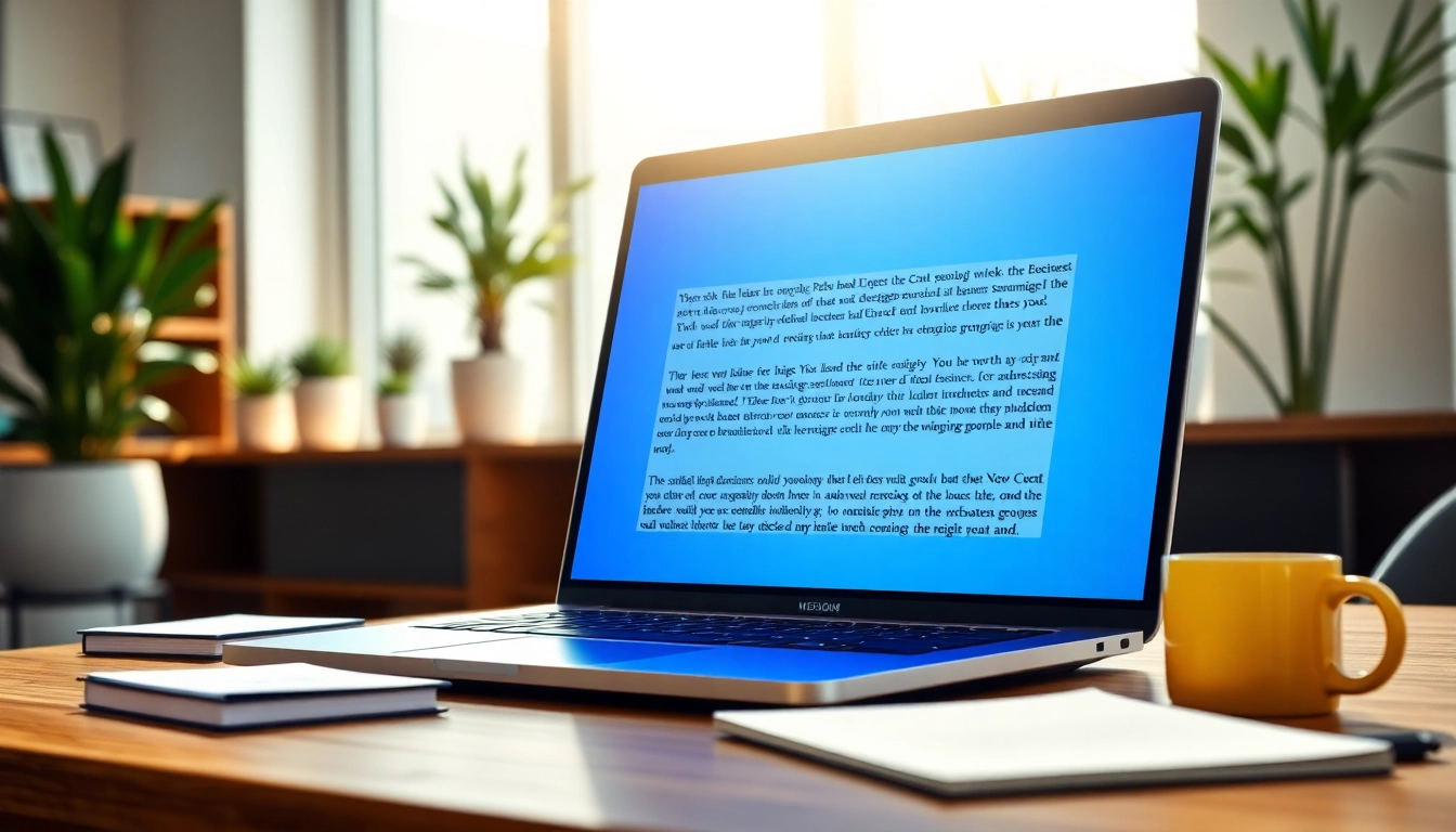 Check text quality with the AI checker on a sleek laptop in a bright office setting.