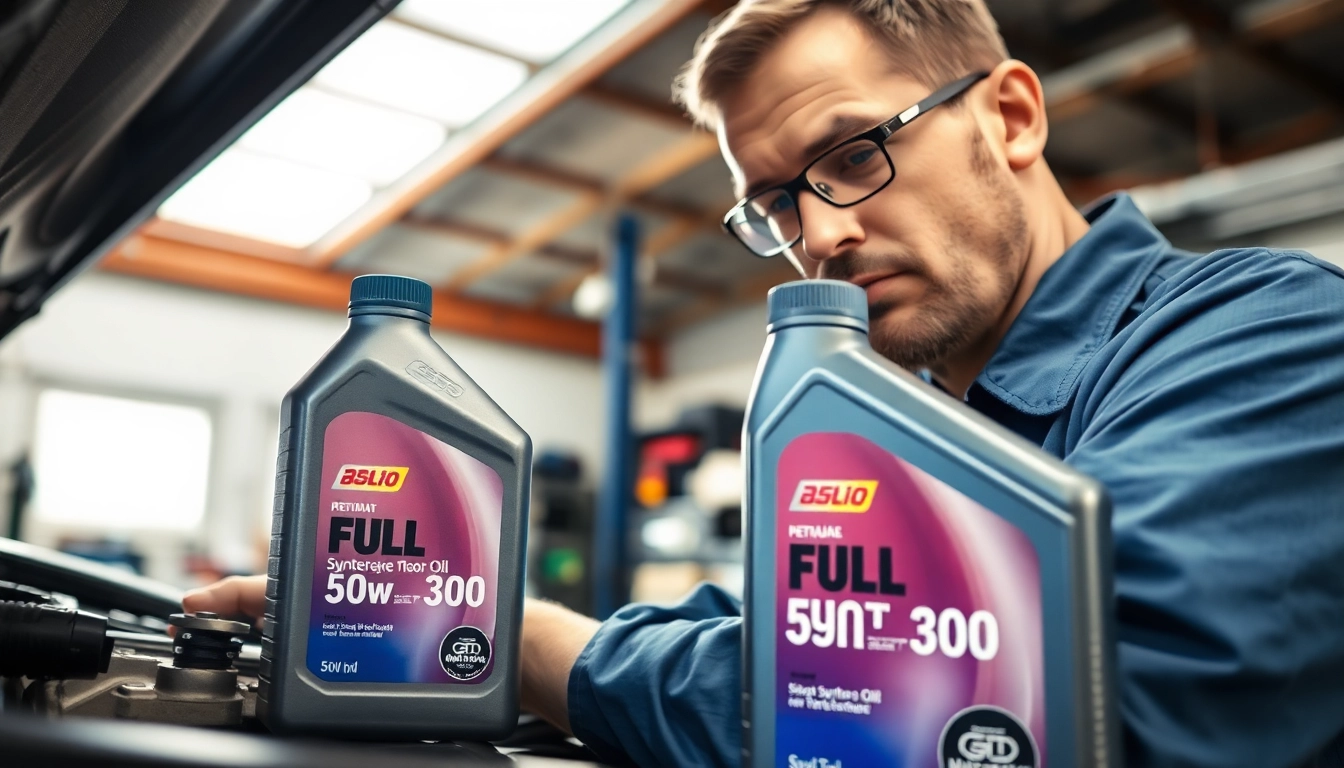 Inspecting engine with full synthetic motor oil 5w-30 in a professional garage setting.