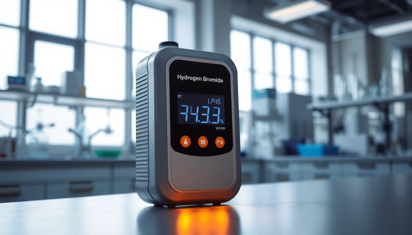 Hydrogen Bromide gas detector displayed prominently in a professional lab environment.