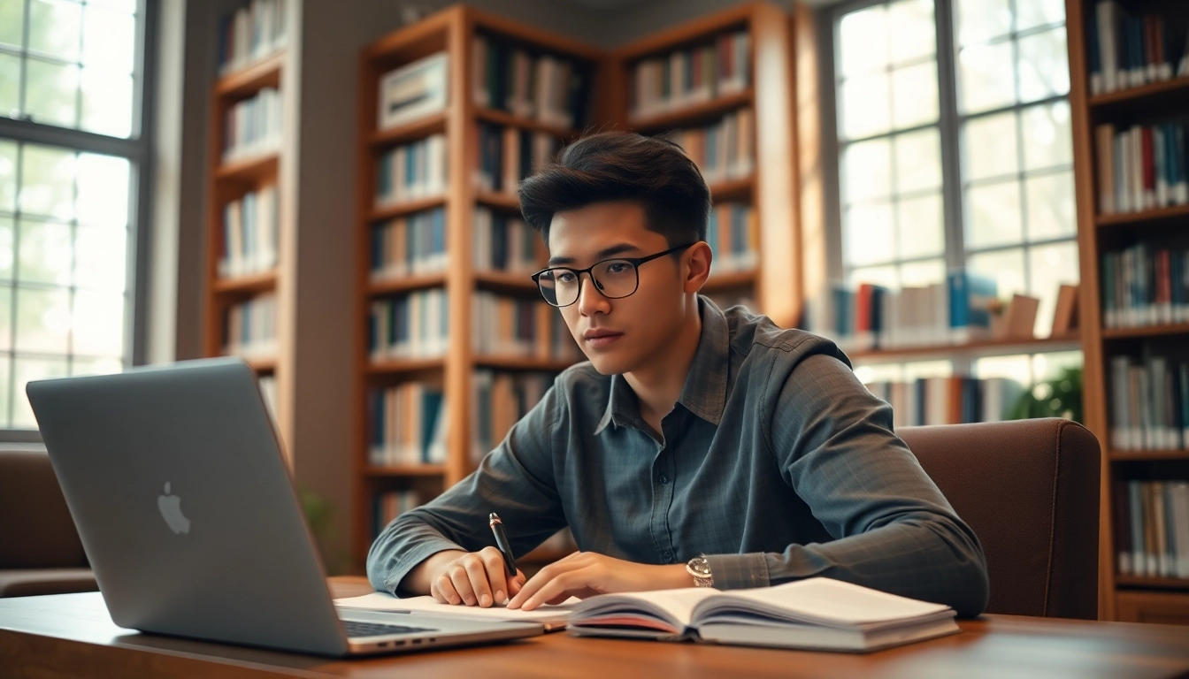Graduate degree student concentrating on studies in a cozy library.