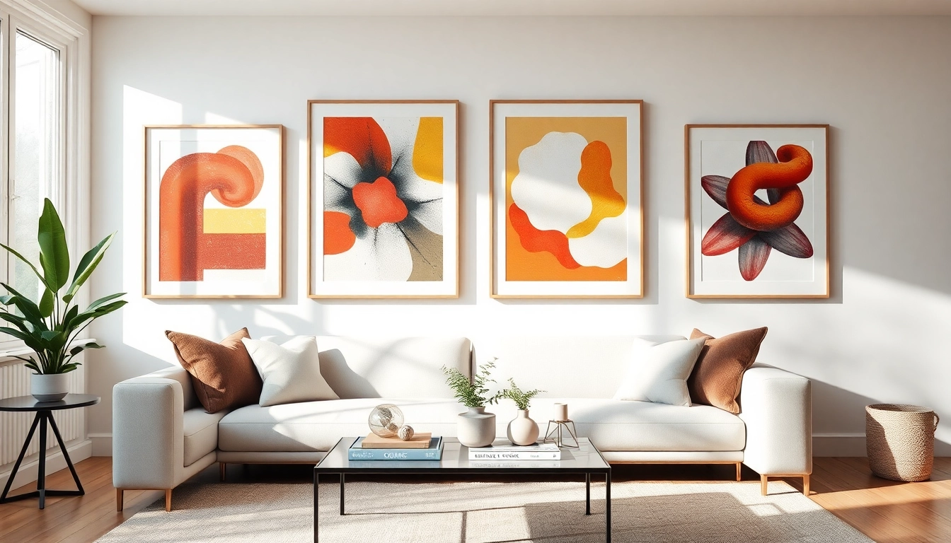 Showcase modern design picture frames featuring abstract artwork in a stylish living room.