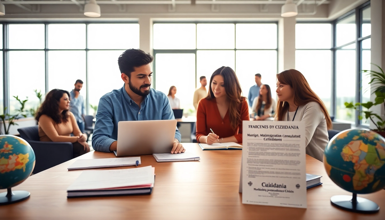 Consultation about ciudadania in a bright office with diverse clients and an immigration consultant.