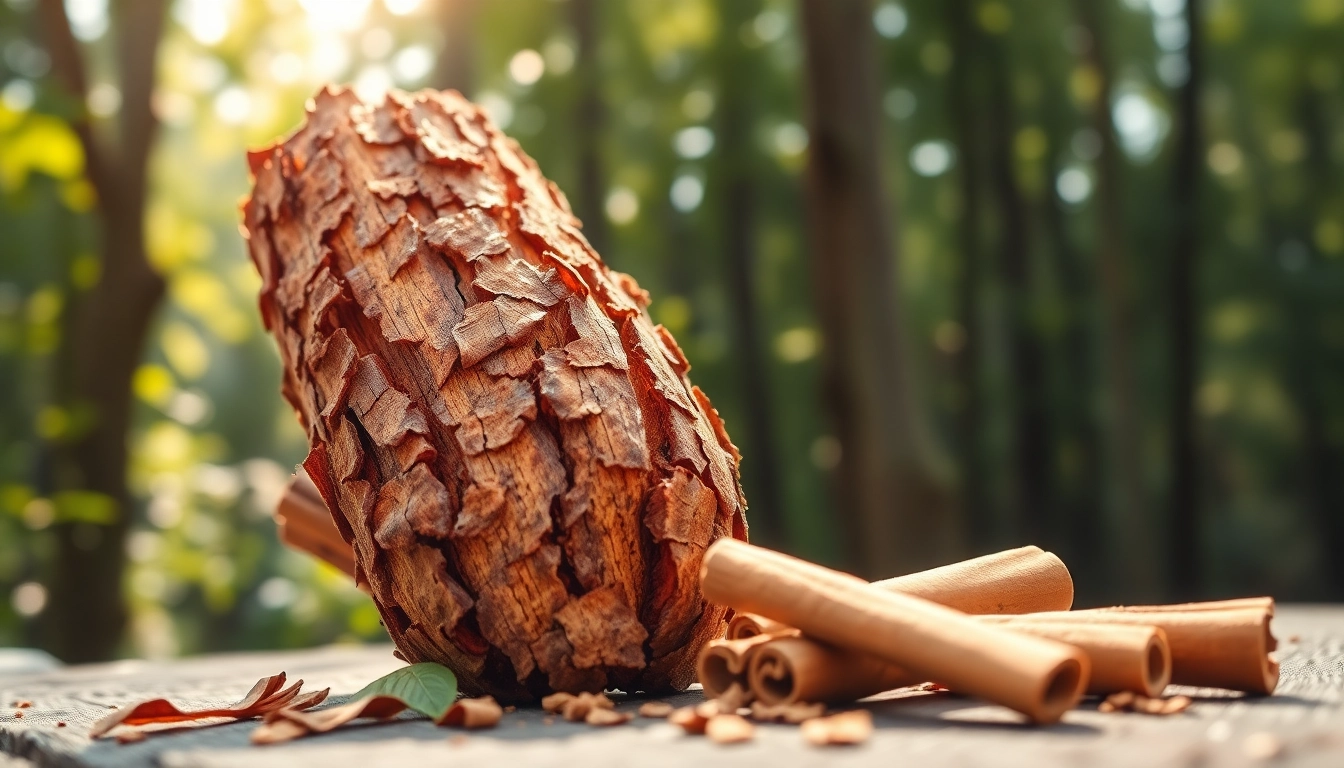 Cinnamon Bark displayed in a natural forest setting, showcasing its unique textures and warm hues.