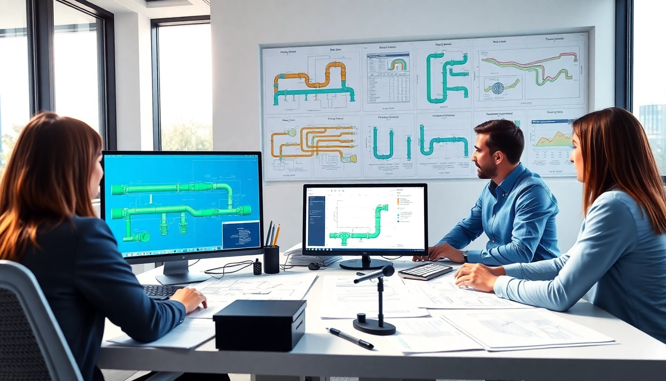 Professional team at a pipe stress Analysis Company discussing engineering designs and software.