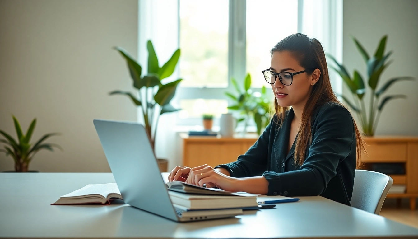 Graduate student studying to buy distance learning masters degree in a bright home office environment.