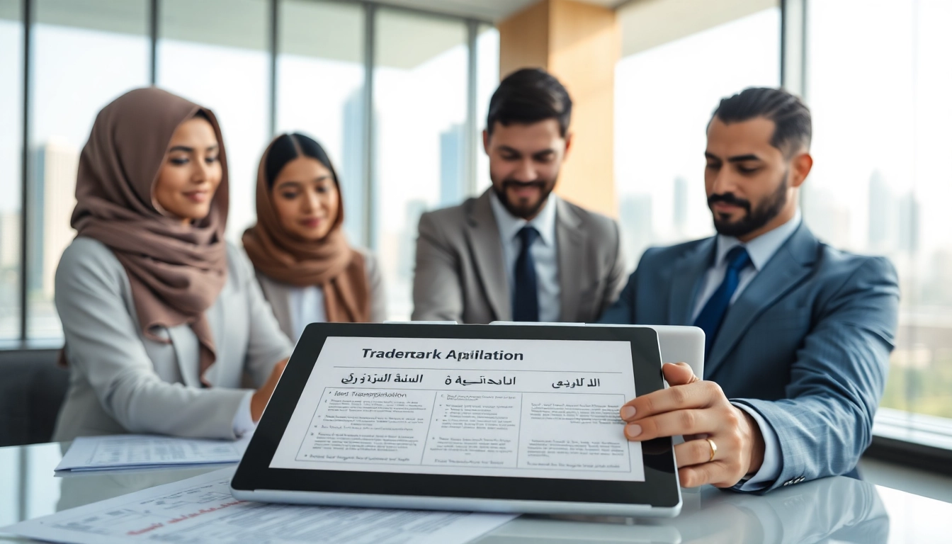 Discussing trademark registration in Dubai with a digital tablet, showcasing application forms.