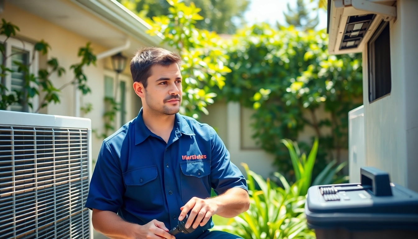 Technician providing HVAC services Los Angeles, showcasing professionalism and expertise in a serene backyard setting.
