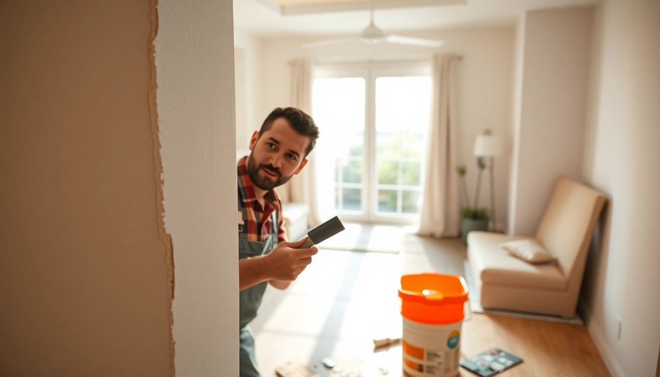 Expert performing drywall repair Madison WI, showcasing skillful craftsmanship in a serene home environment.