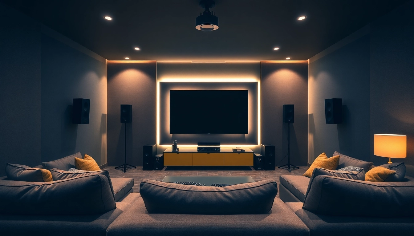 Experience home theater installation near me in a stylish living room with ambient lighting and sound systems.