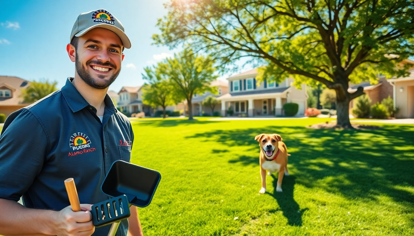 Alamo Ranch poop scooper cleaning a yard while a dog plays nearby.