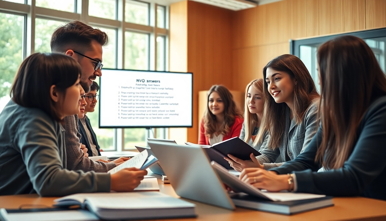 Navigating NVQ sample answers with students in a collaborative study environment.