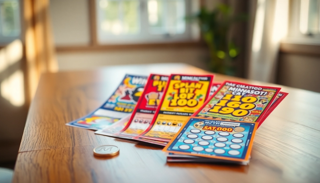 View of the best MN scratch off tickets, showcasing colorful designs in a warm setting.