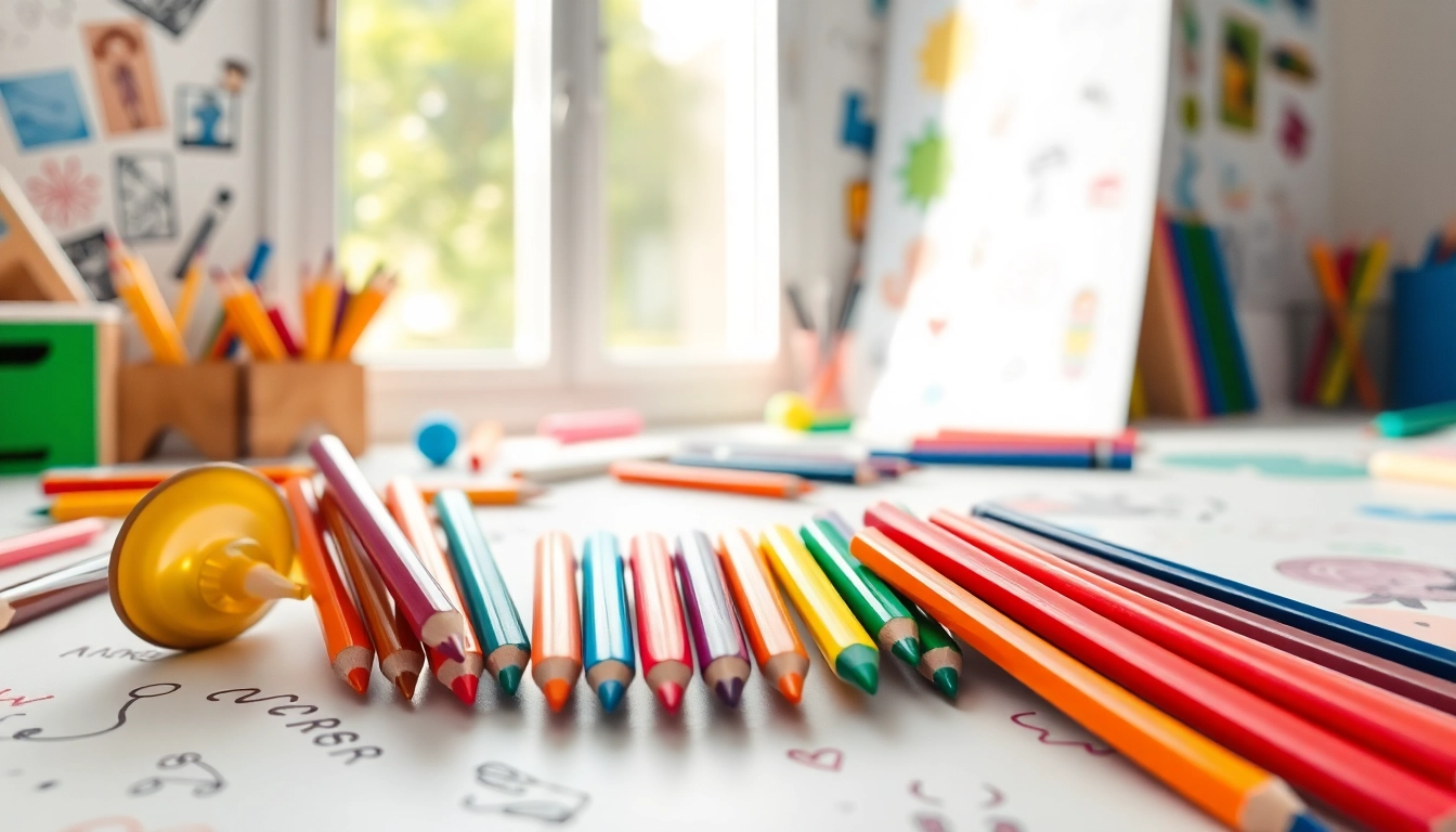 Kids colouring pencils in vibrant colors showcased on a desk with doodles, inviting creativity.