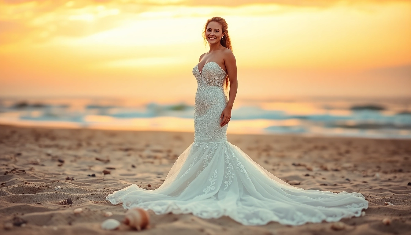 Showcase beautiful mermaid wedding dresses on a serene beach at sunset.