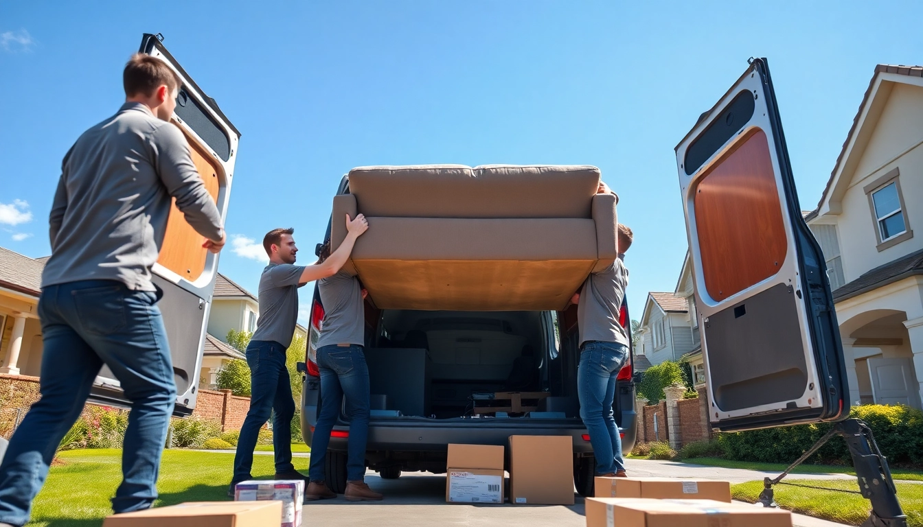 Man and van moving team professionally relocating a sofa with care in a bright neighborhood