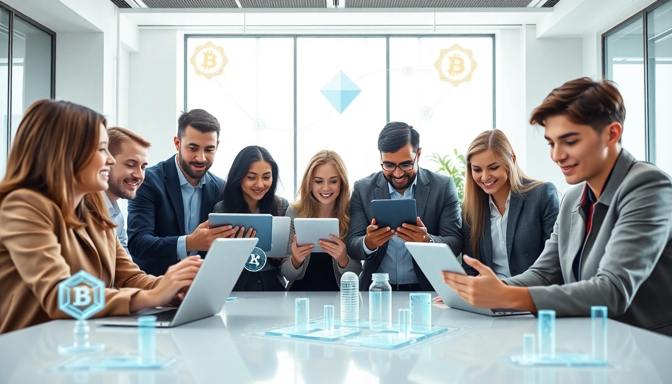 Illustration of digital proof of ownership concept with diverse professionals in a workspace.