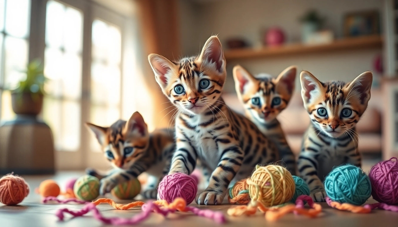 Playful Bengal kittens for sale, showcasing their unique patterns and colors.