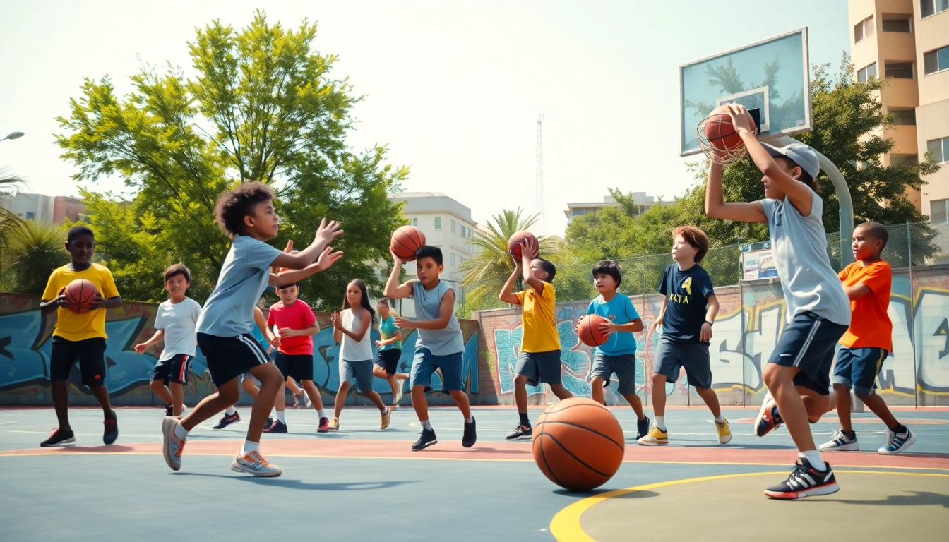 Young basketball enthusiasts practicing skills on an outdoor court filled with energy and excitement.